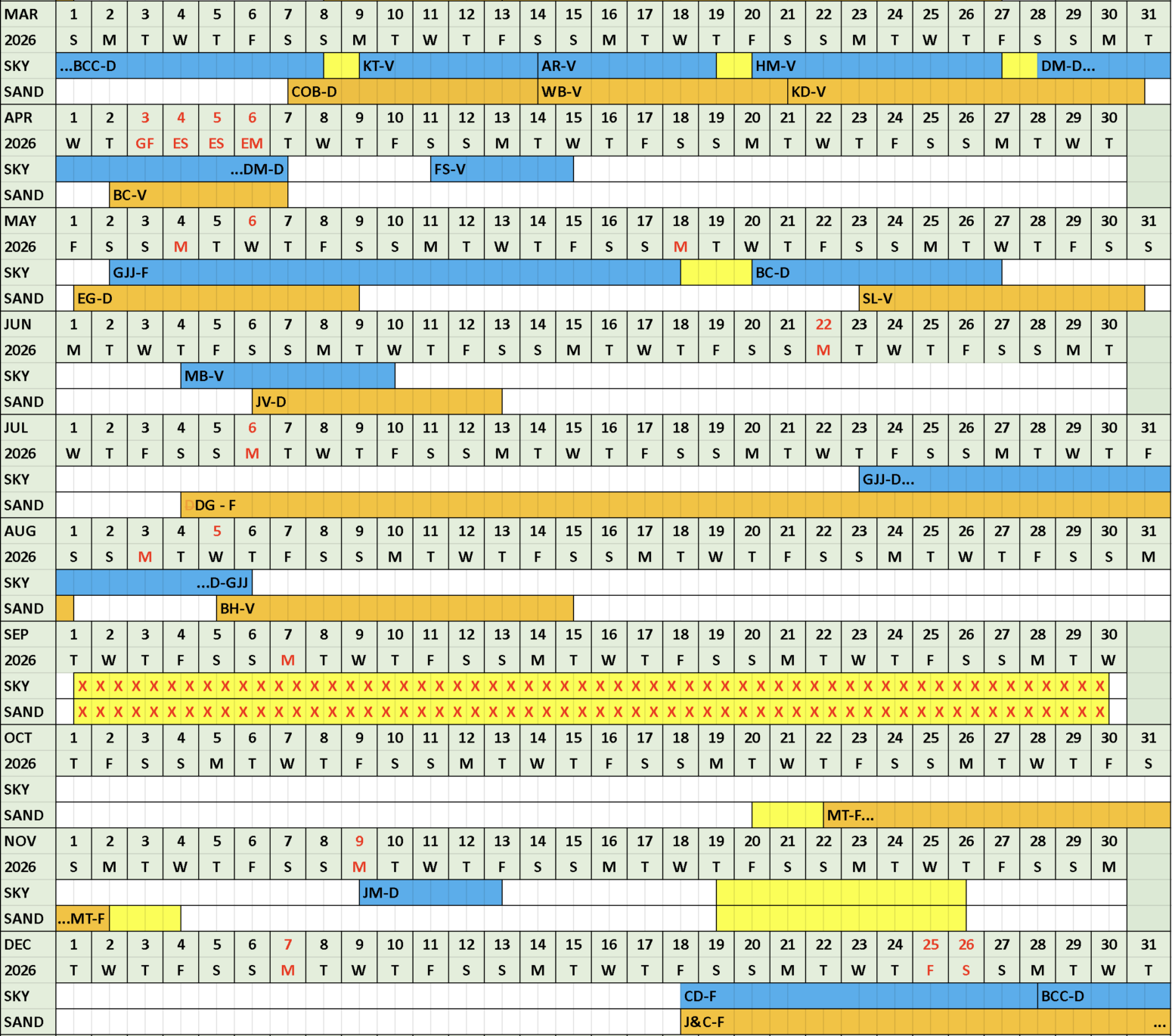 Crescent Beach Bookings Calendar